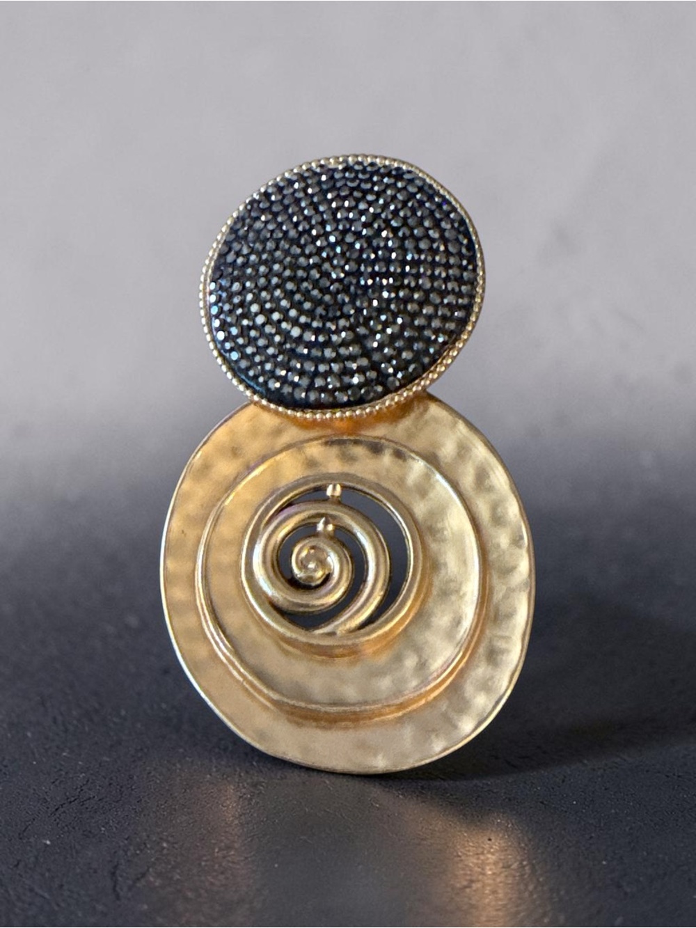 Vintage-Inspired Gold Tone Statement Pendant Hammered Spiral Pave Rhinestone